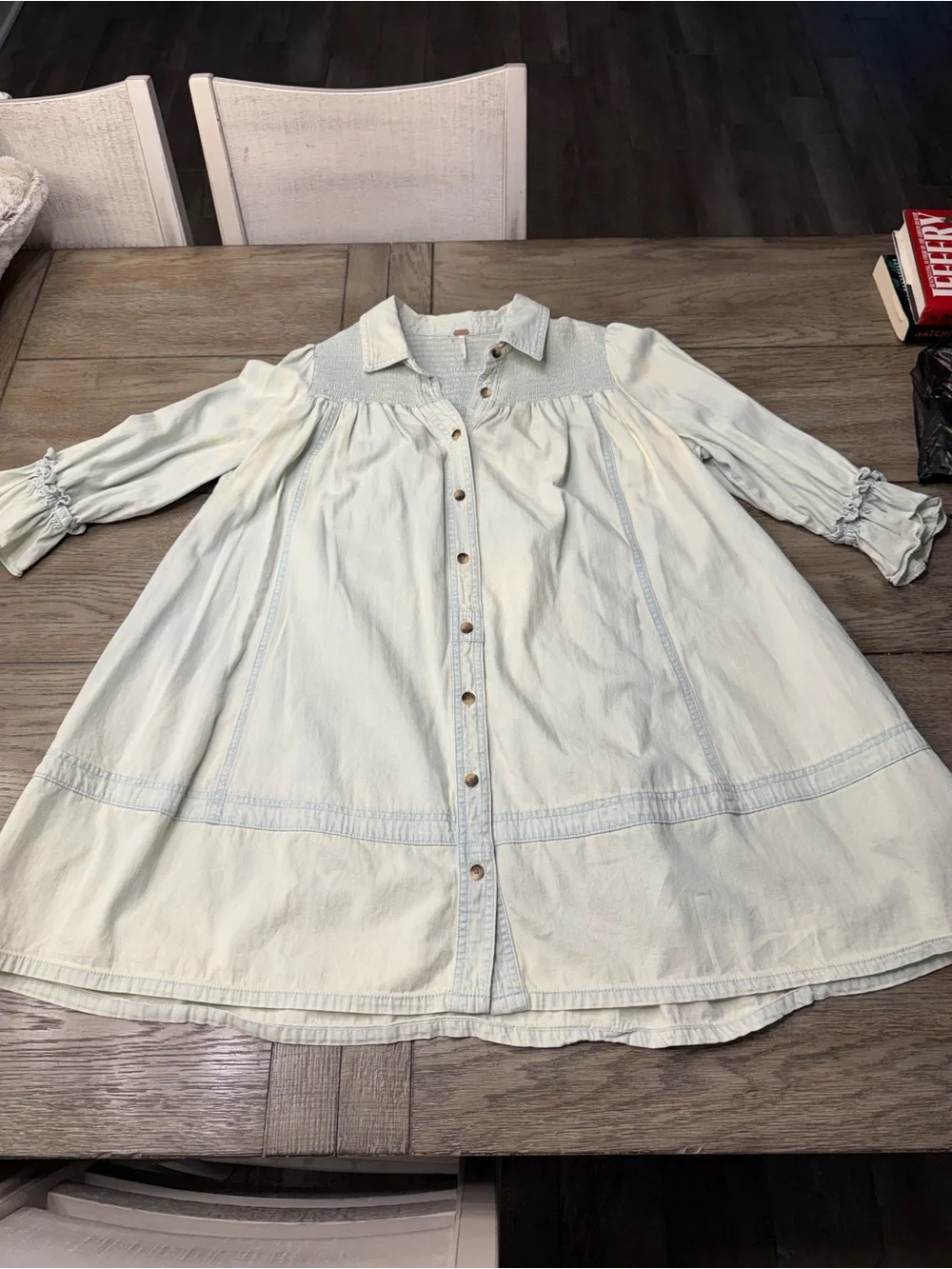 Free People Venessa Denim Tunic Pale Blue Smocked Denim Shirt size Small